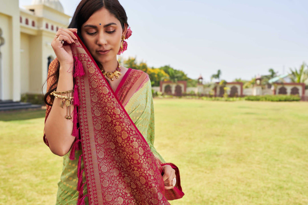 Pistachio Green-Pink Gold Zari Georgette Saree