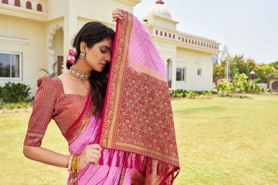 Contrast Pink Gold Zari Georgette Saree