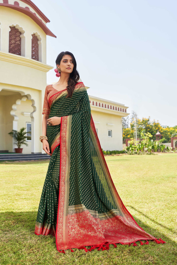 Green-Red Gold Zari Georgette Saree