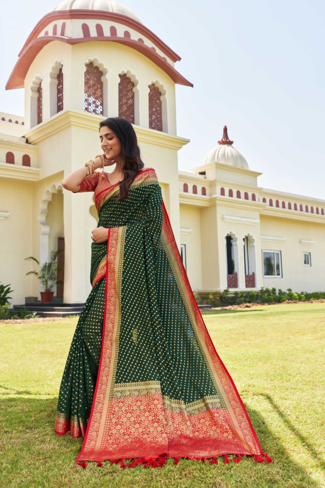Green-Red Gold Zari Georgette Saree