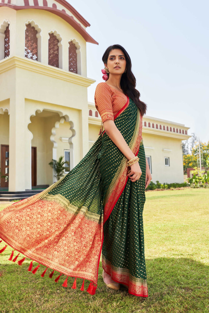 Green-Red Gold Zari Georgette Saree