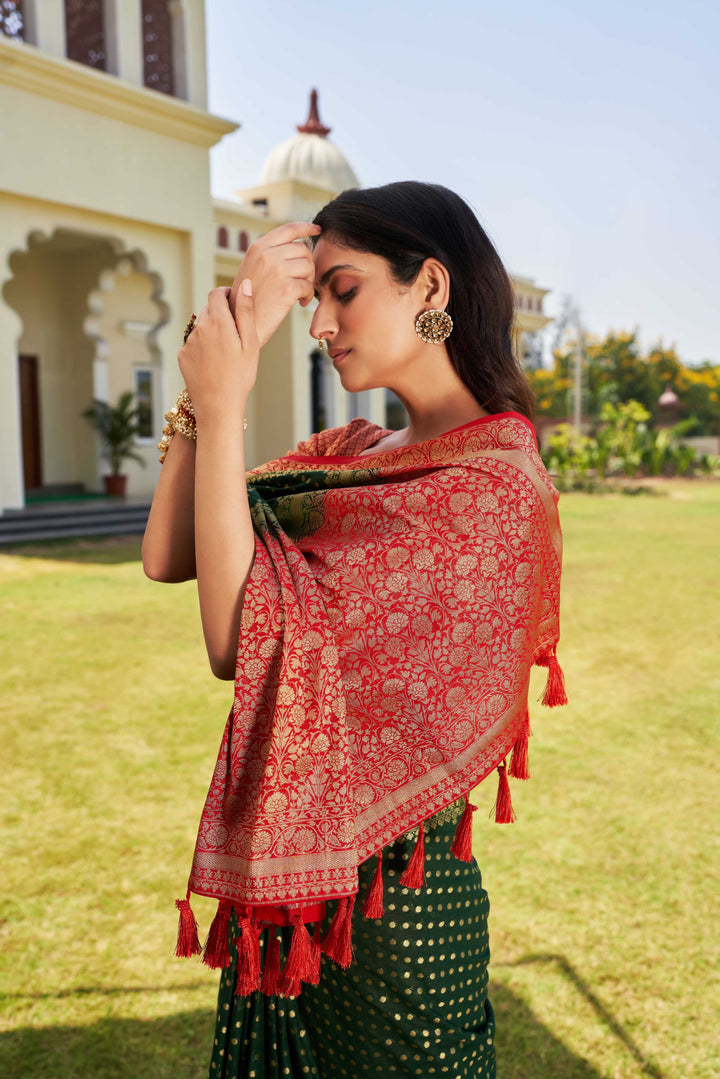 Green-Red Gold Zari Georgette Saree