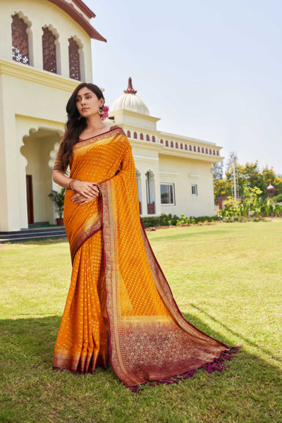 Mustard-Maroon Gold Zari Georgette Saree