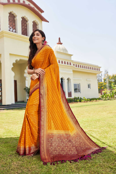 Mustard-Maroon Gold Zari Georgette Saree