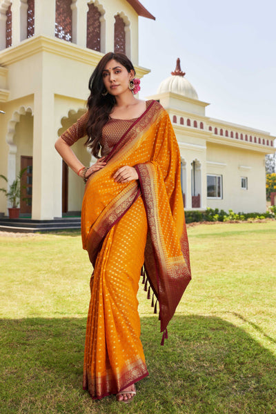 Mustard-Maroon Gold Zari Georgette Saree