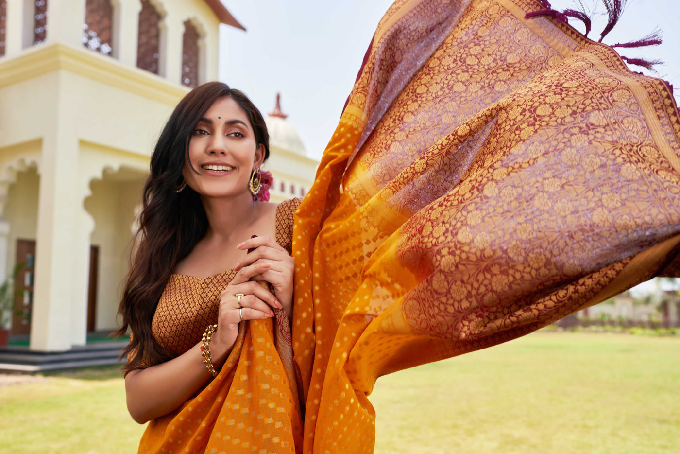 Mustard-Maroon Gold Zari Georgette Saree