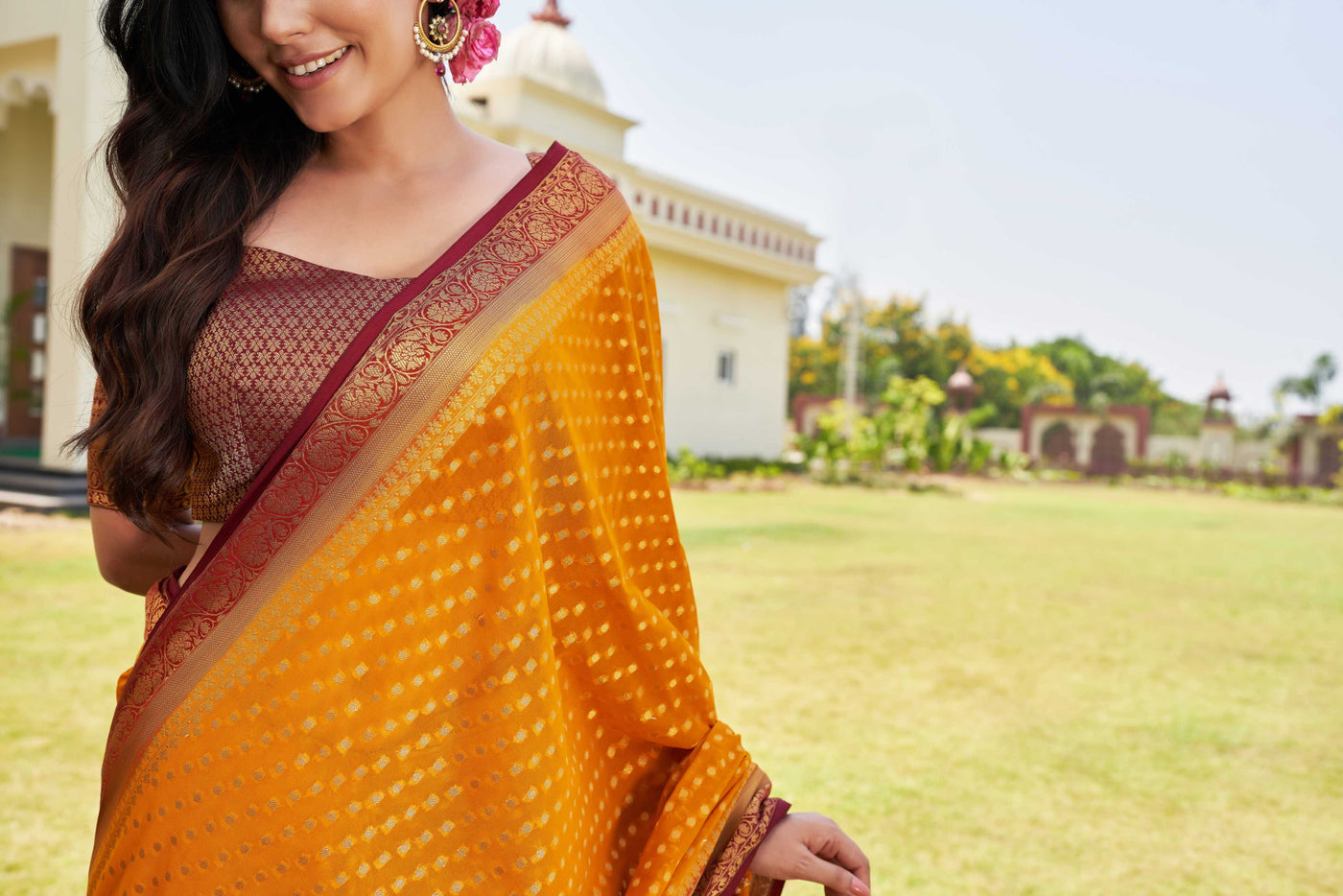 Mustard-Maroon Gold Zari Georgette Saree