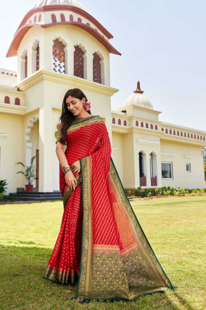 Red-Green Gold Zari Georgette Saree