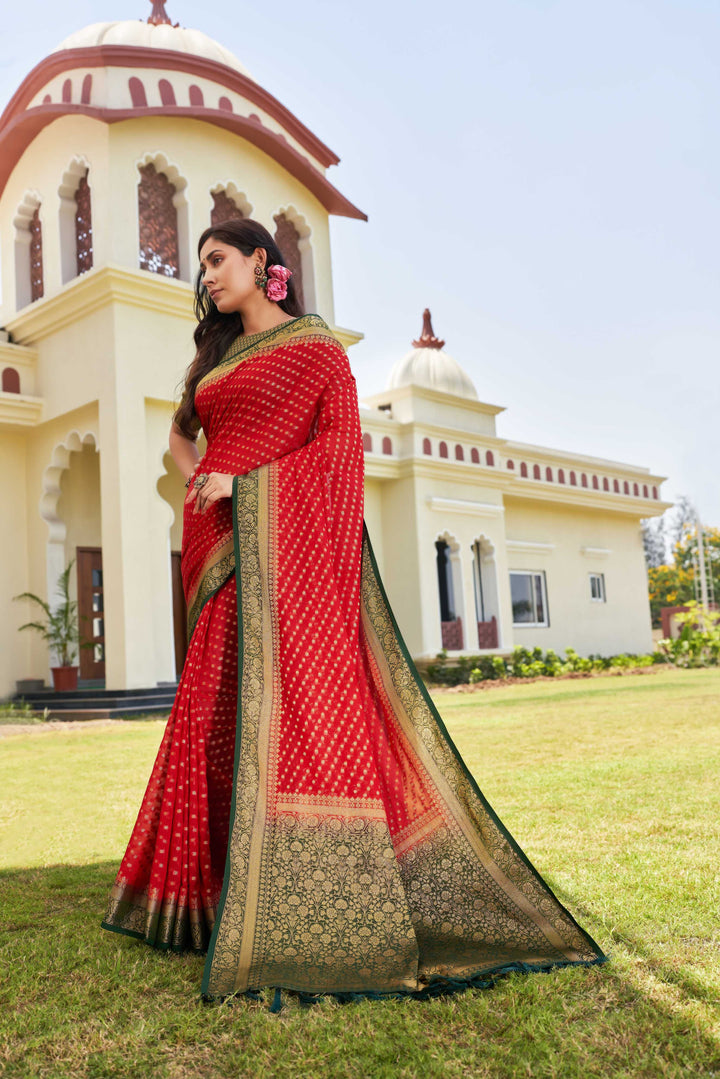 Red-Green Gold Zari Georgette Saree