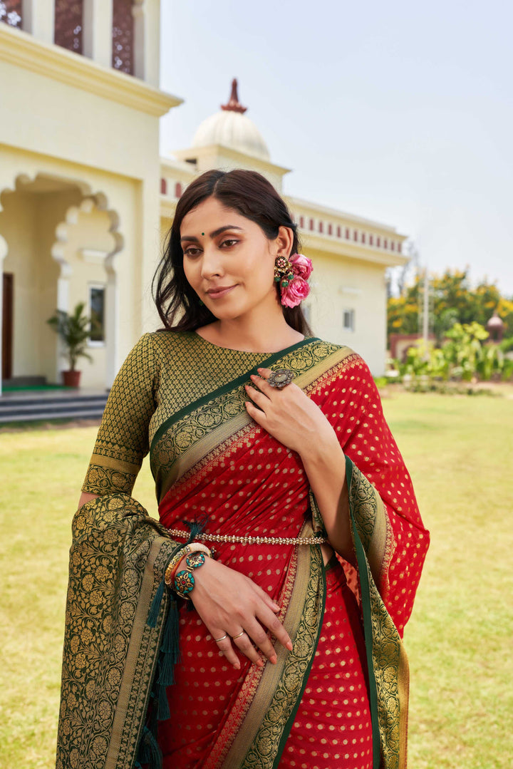 Red-Green Gold Zari Georgette Saree