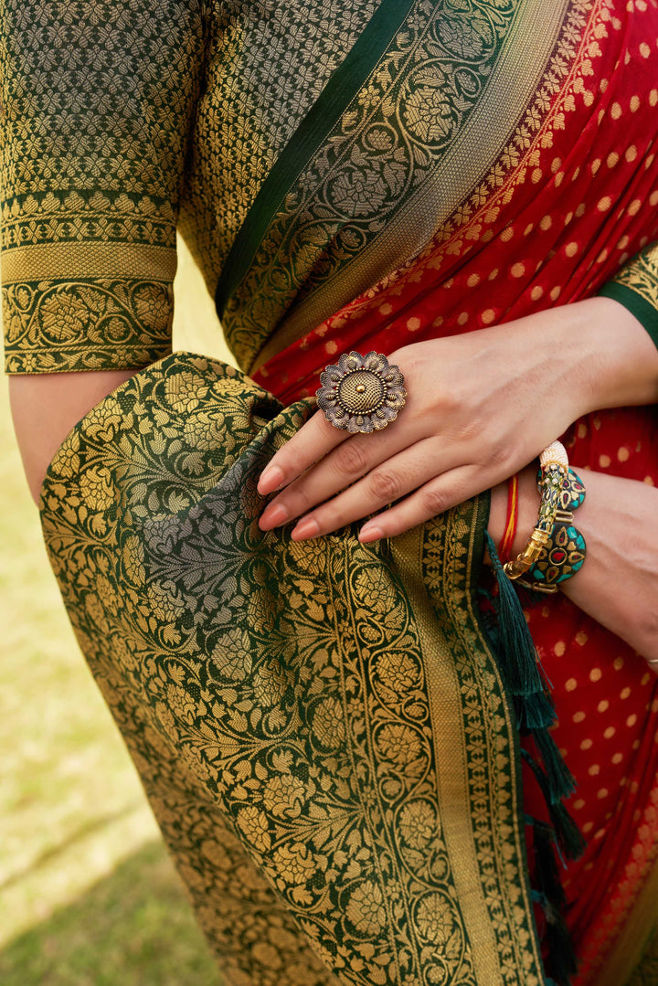 Red-Green Gold Zari Georgette Saree