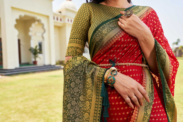 Red-Green Gold Zari Georgette Saree