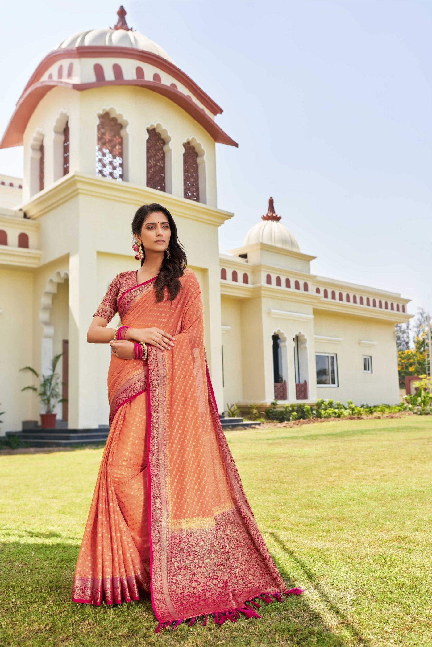 Peach-Pink Gold Zari Georgette Saree