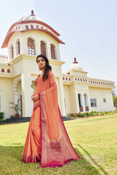 Peach-Pink Gold Zari Georgette Saree