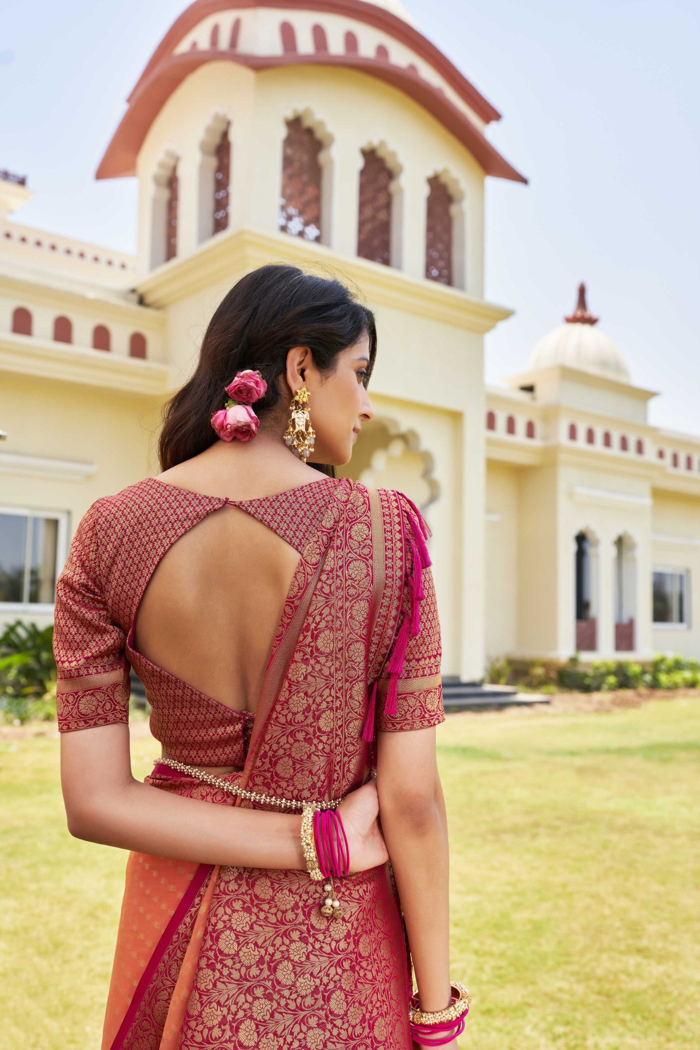 Peach-Pink Gold Zari Georgette Saree