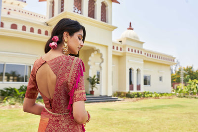 Peach-Pink Gold Zari Georgette Saree