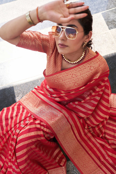 Apple Red Feather Soft Saree