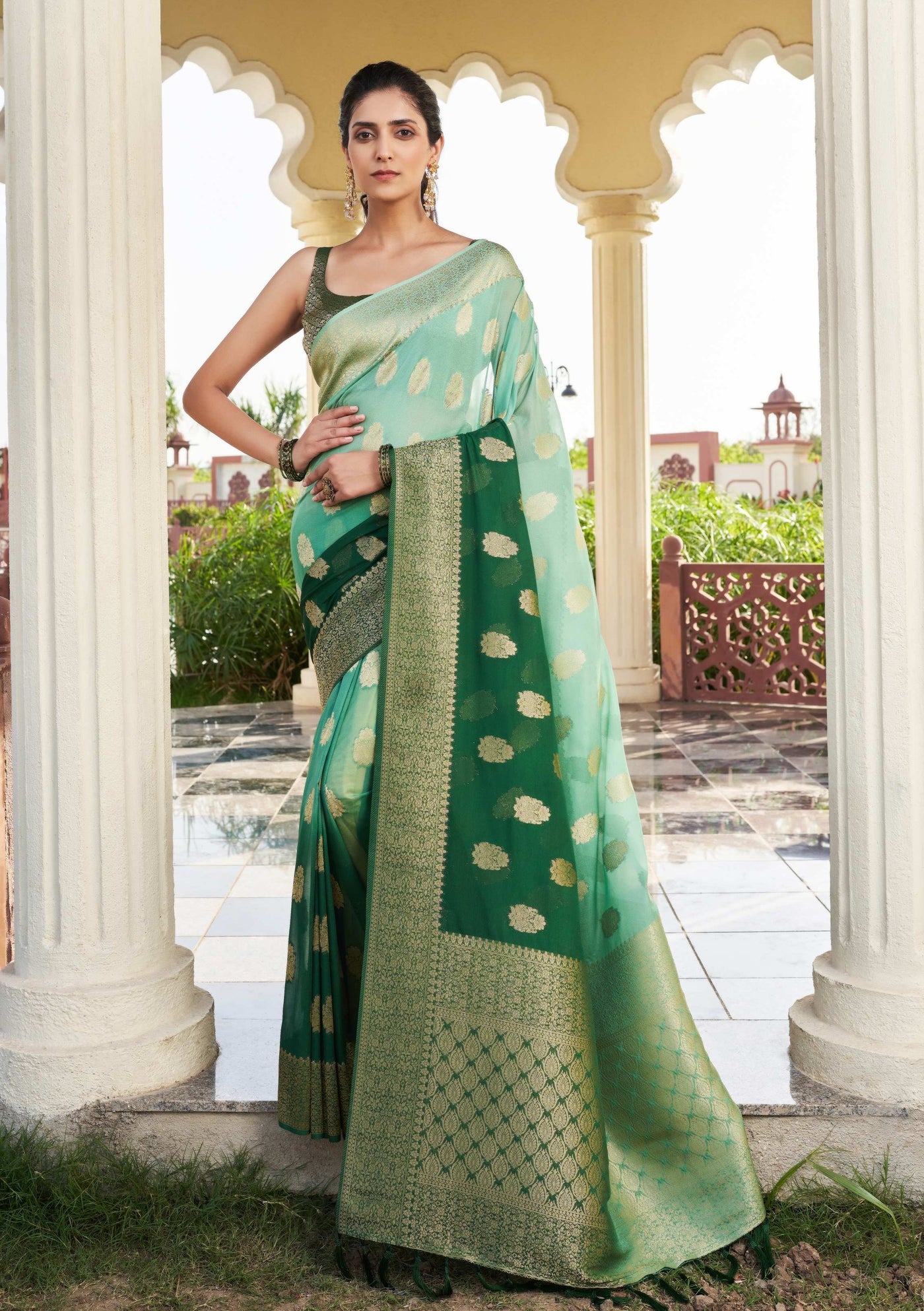 Gradient Green Feather Soft Saree