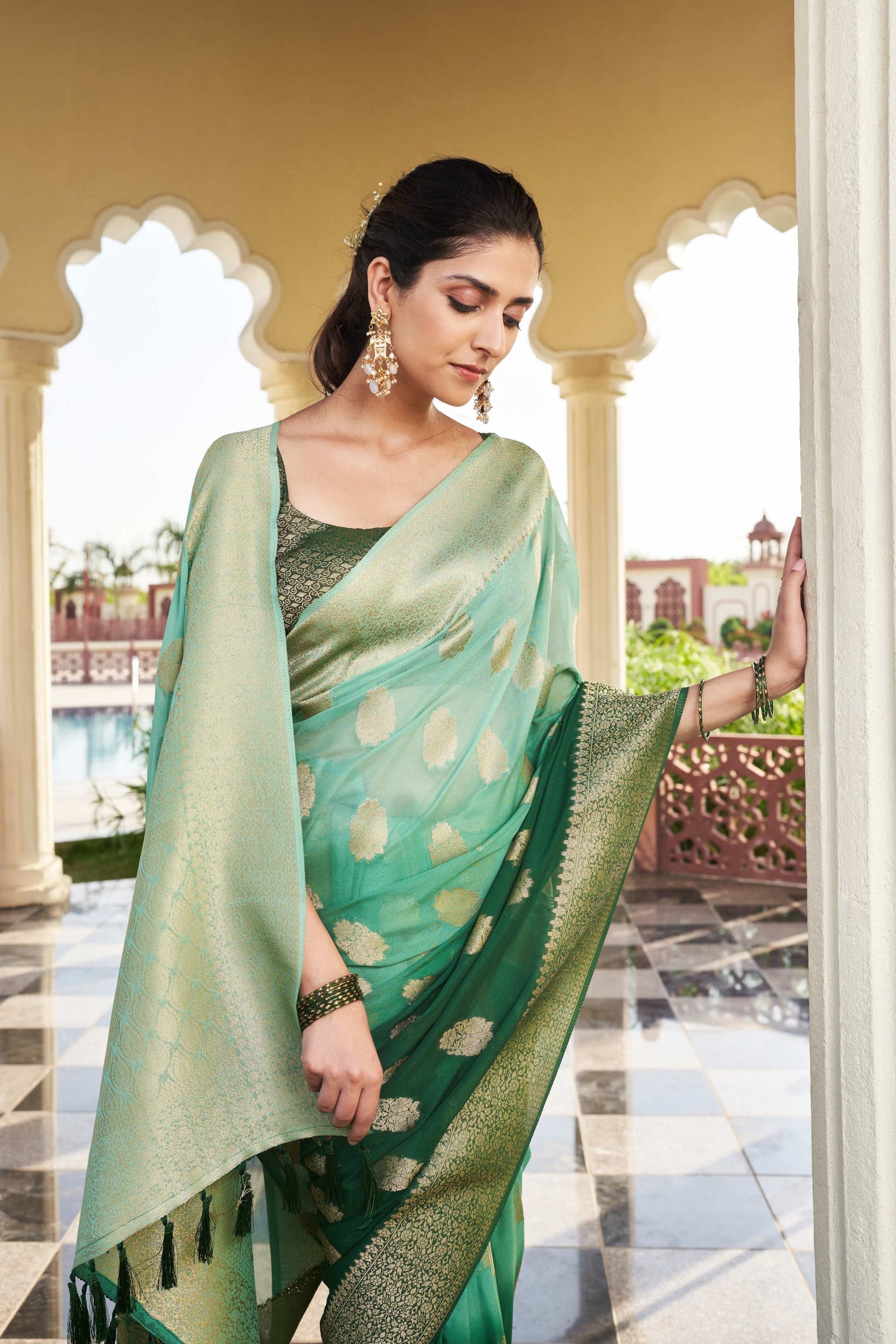 Gradient Green Feather Soft Saree