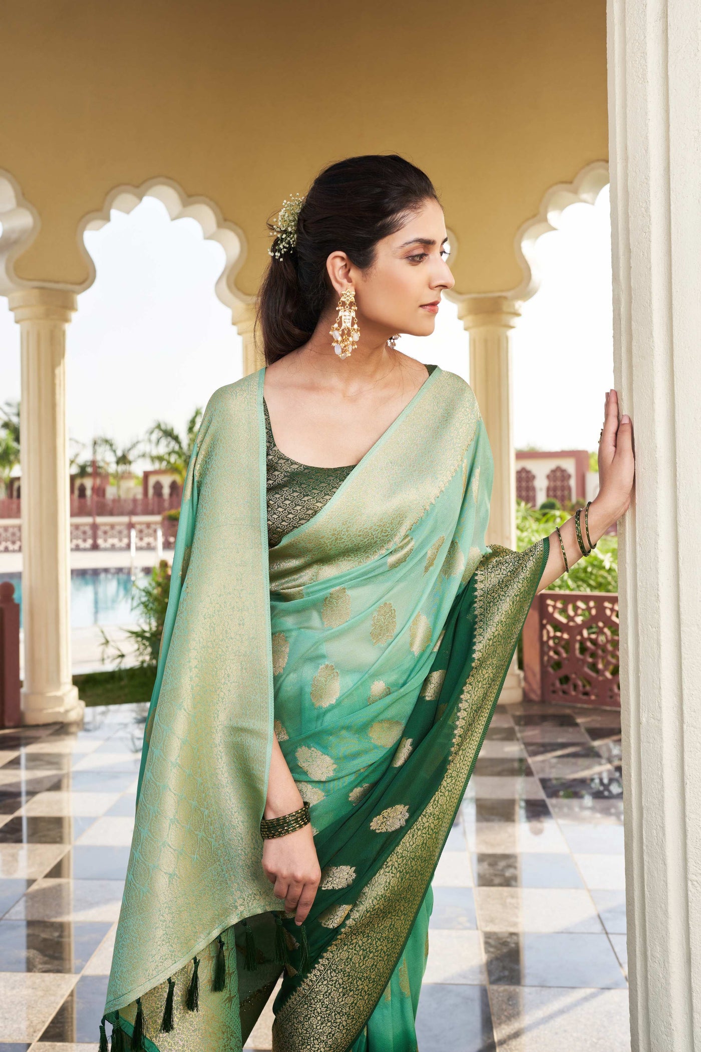 Gradient Green Feather Soft Saree