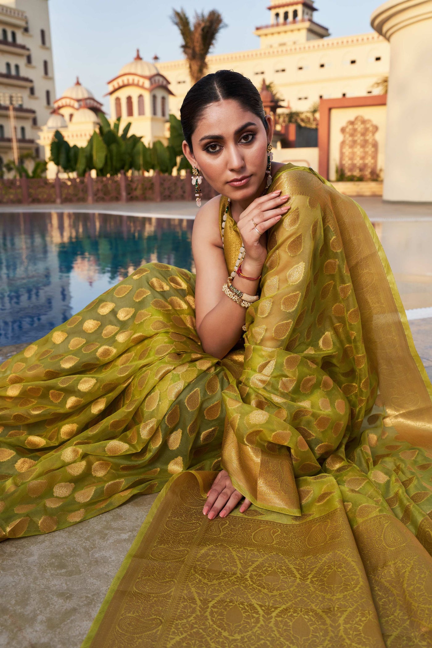 Olive Green Organza Saree