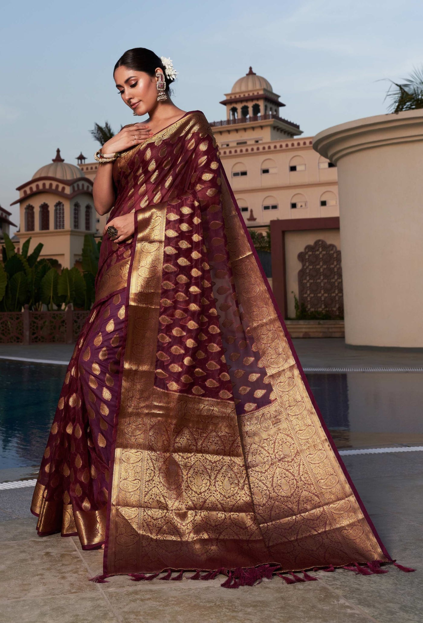 Wine Purple Organza Saree