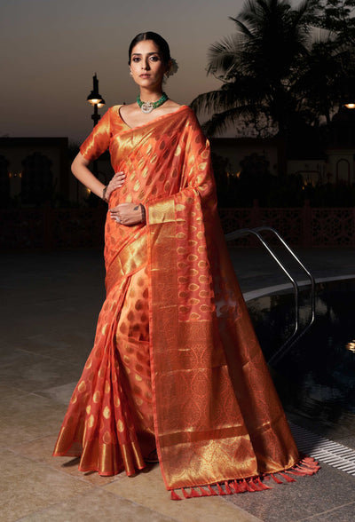 Peach Orange Organza Saree