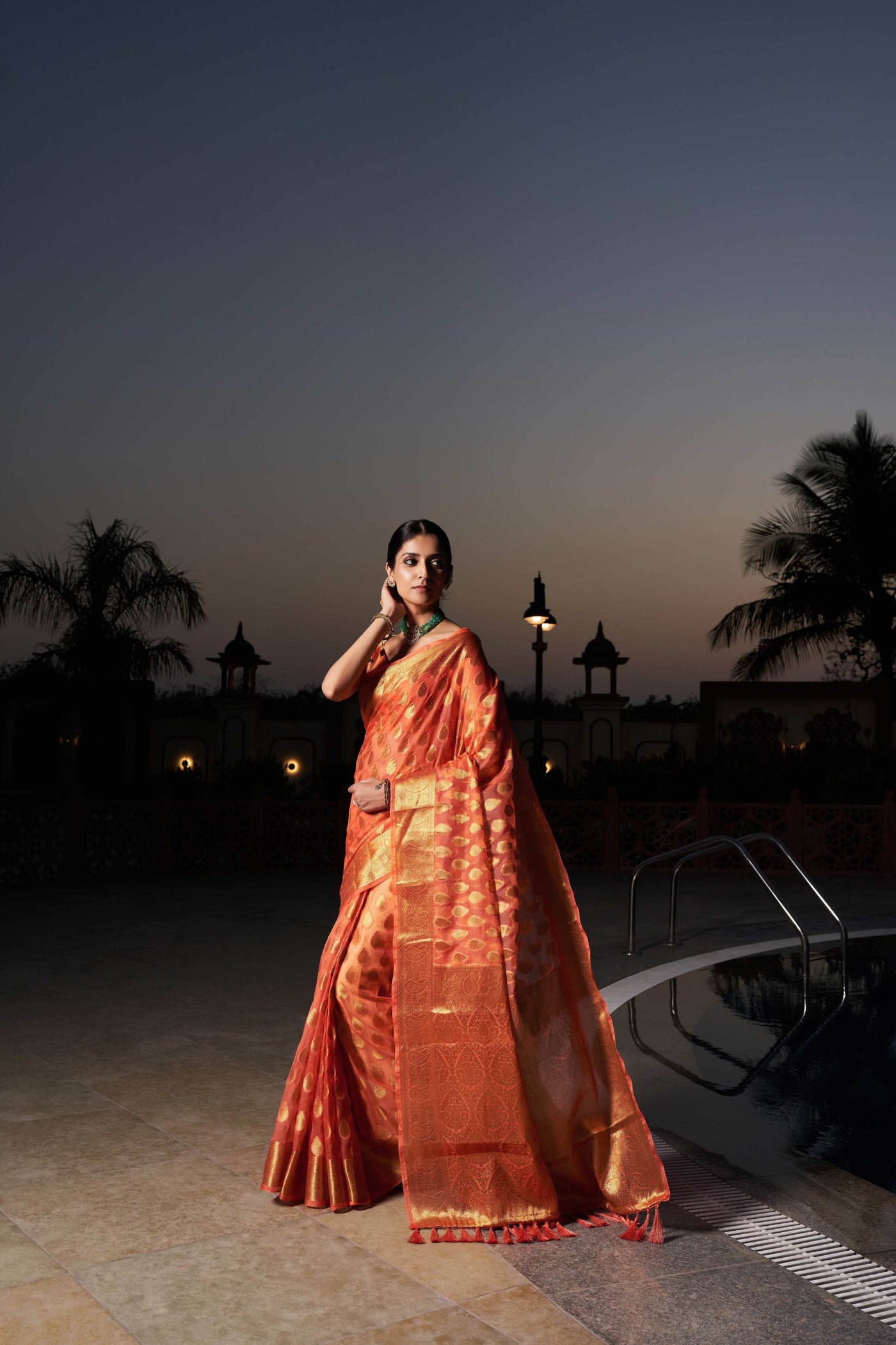 Peach Orange Organza Saree