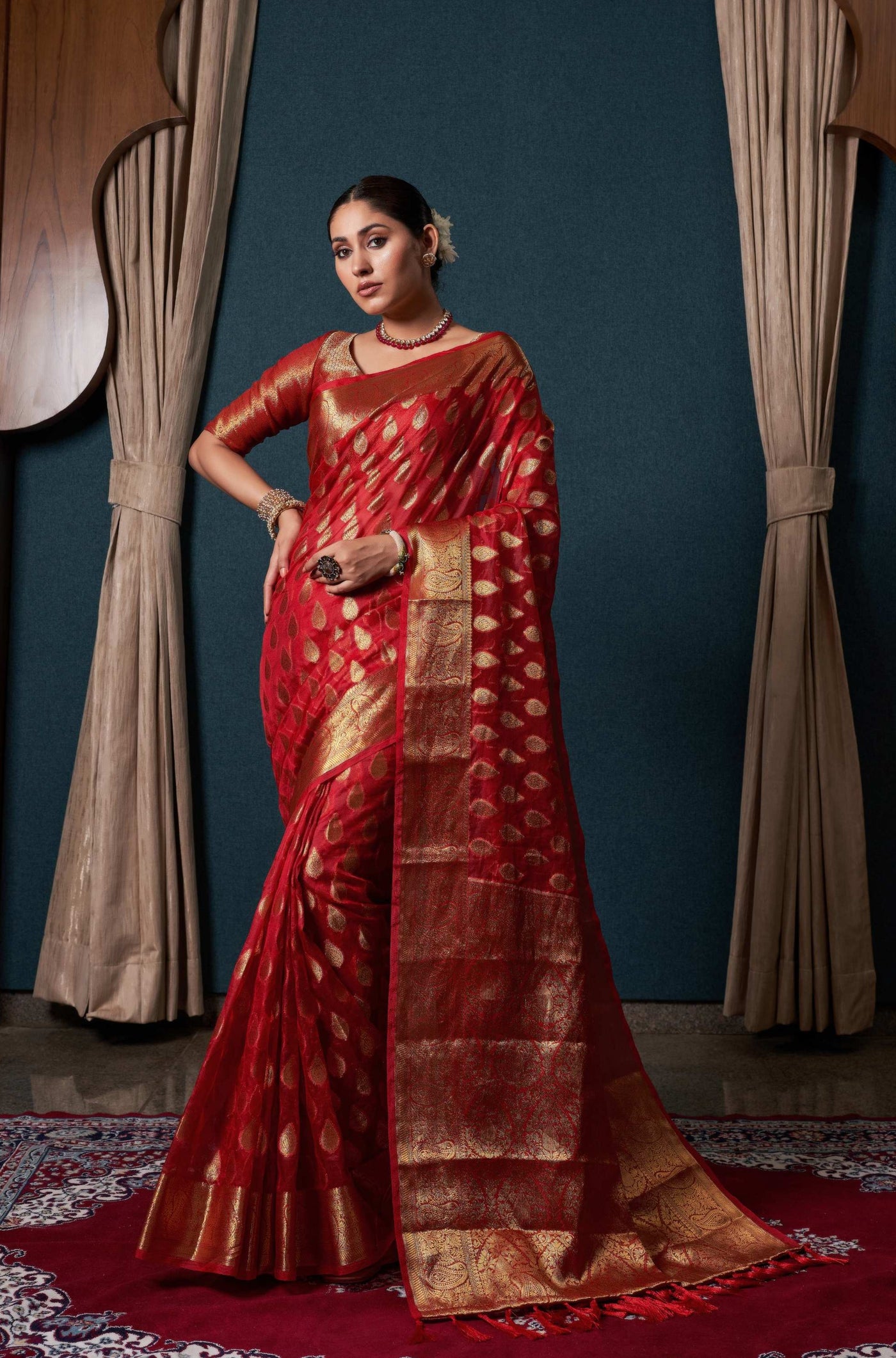 Bright Red Organza Saree