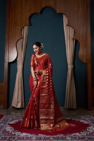 Bright Red Organza Saree