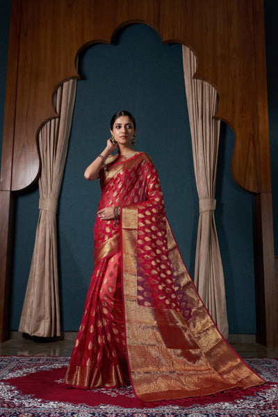 Bright Red Organza Saree