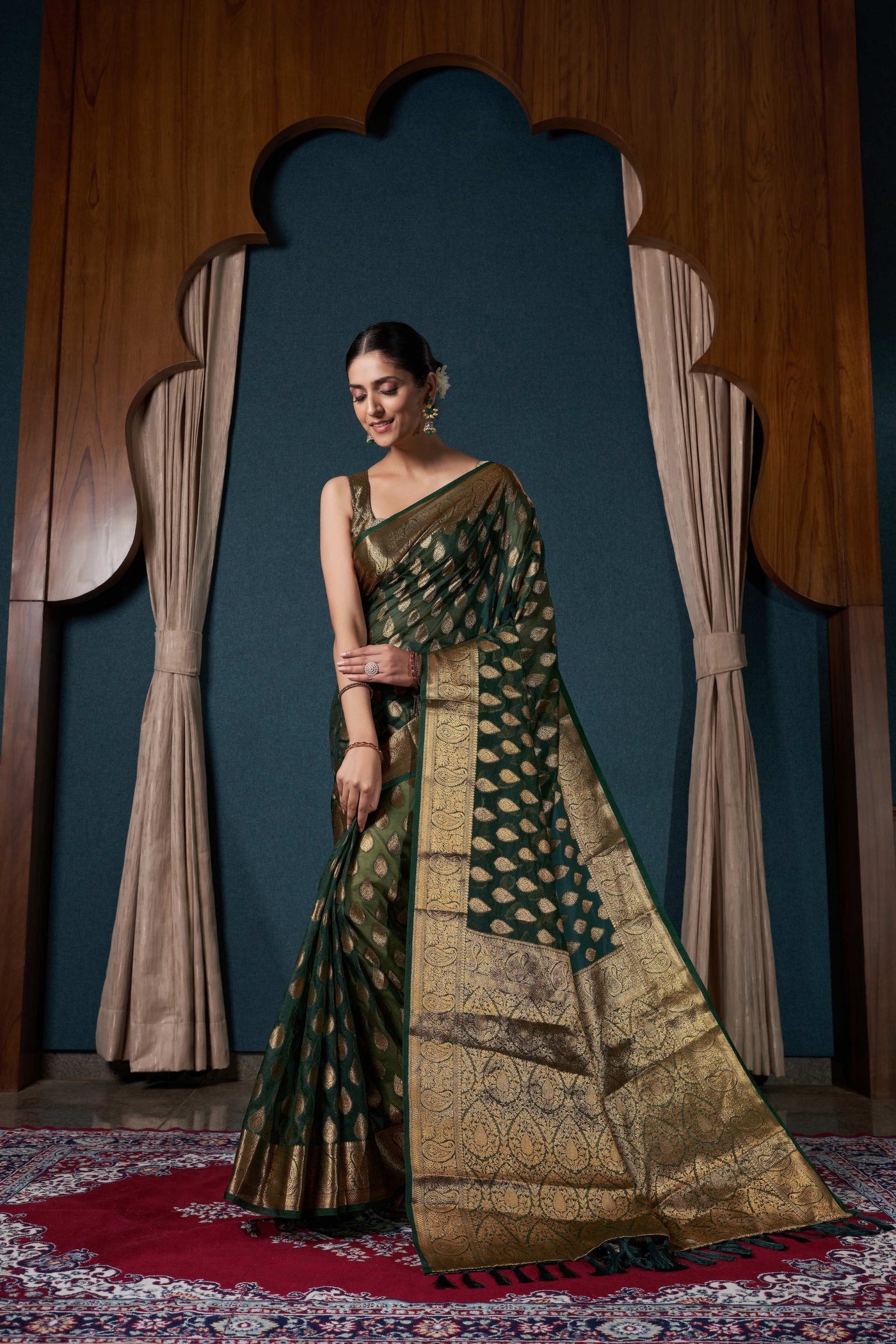 Bottle Green Organza Saree