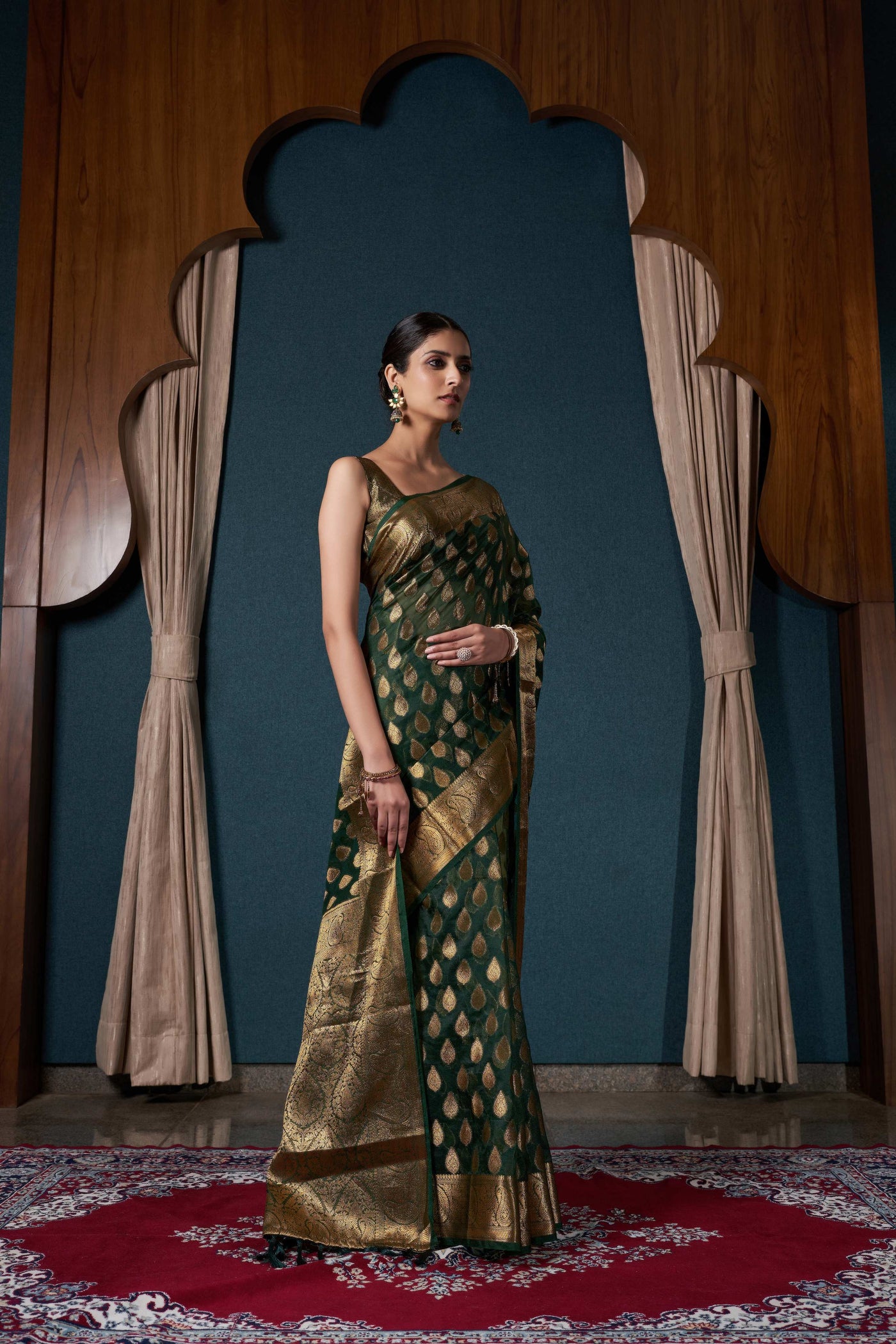 Bottle Green Organza Saree