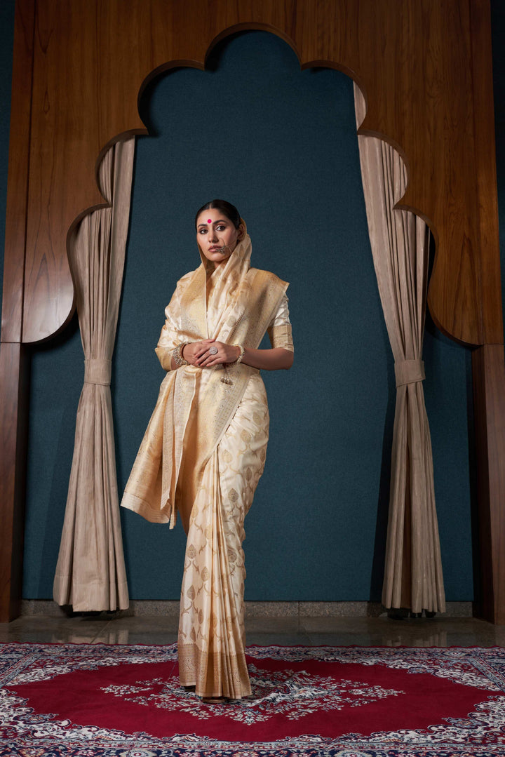 Shriya Pilgaonkar in Pearl White Banarasi Satin Silk