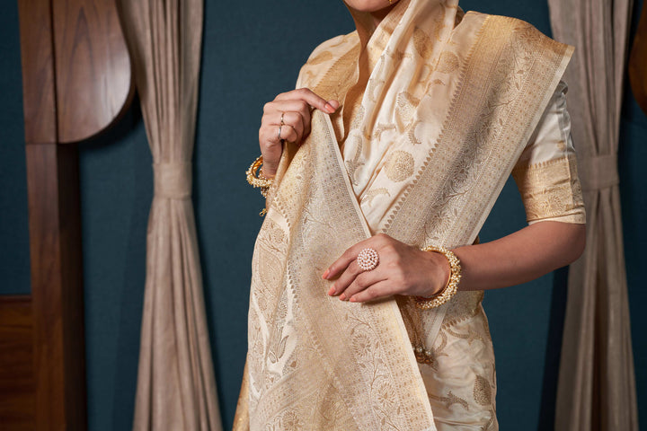 Shriya Pilgaonkar in Pearl White Banarasi Satin Silk