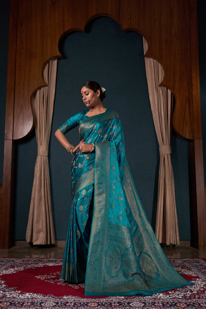 Teal Blue Banarasi Satin Silk