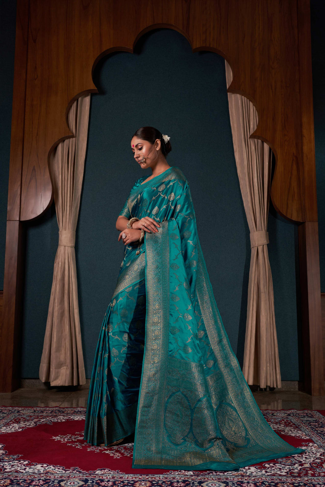 Teal Blue Banarasi Satin Silk