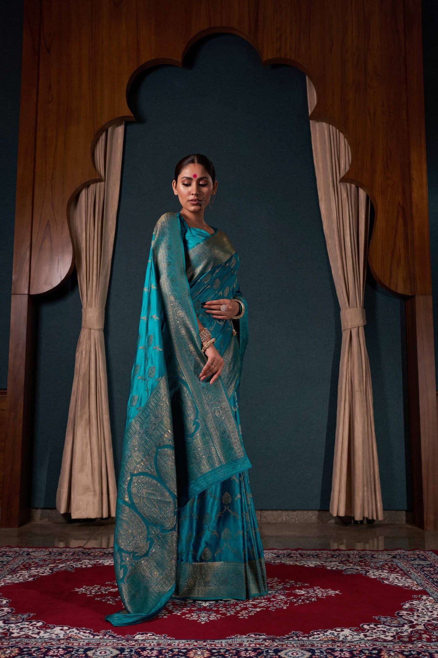 Teal Blue Banarasi Satin Silk
