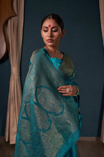 Teal Blue Banarasi Satin Silk