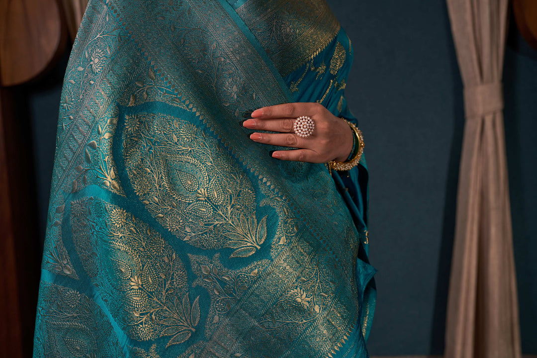 Teal Blue Banarasi Satin Silk