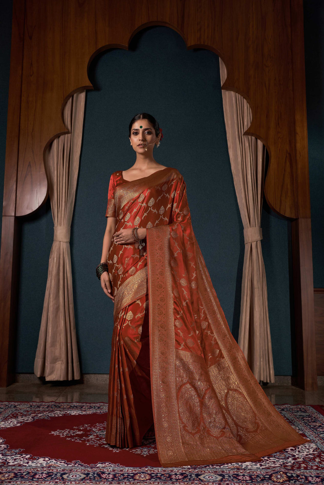 Rust Orange Banarasi Satin Silk