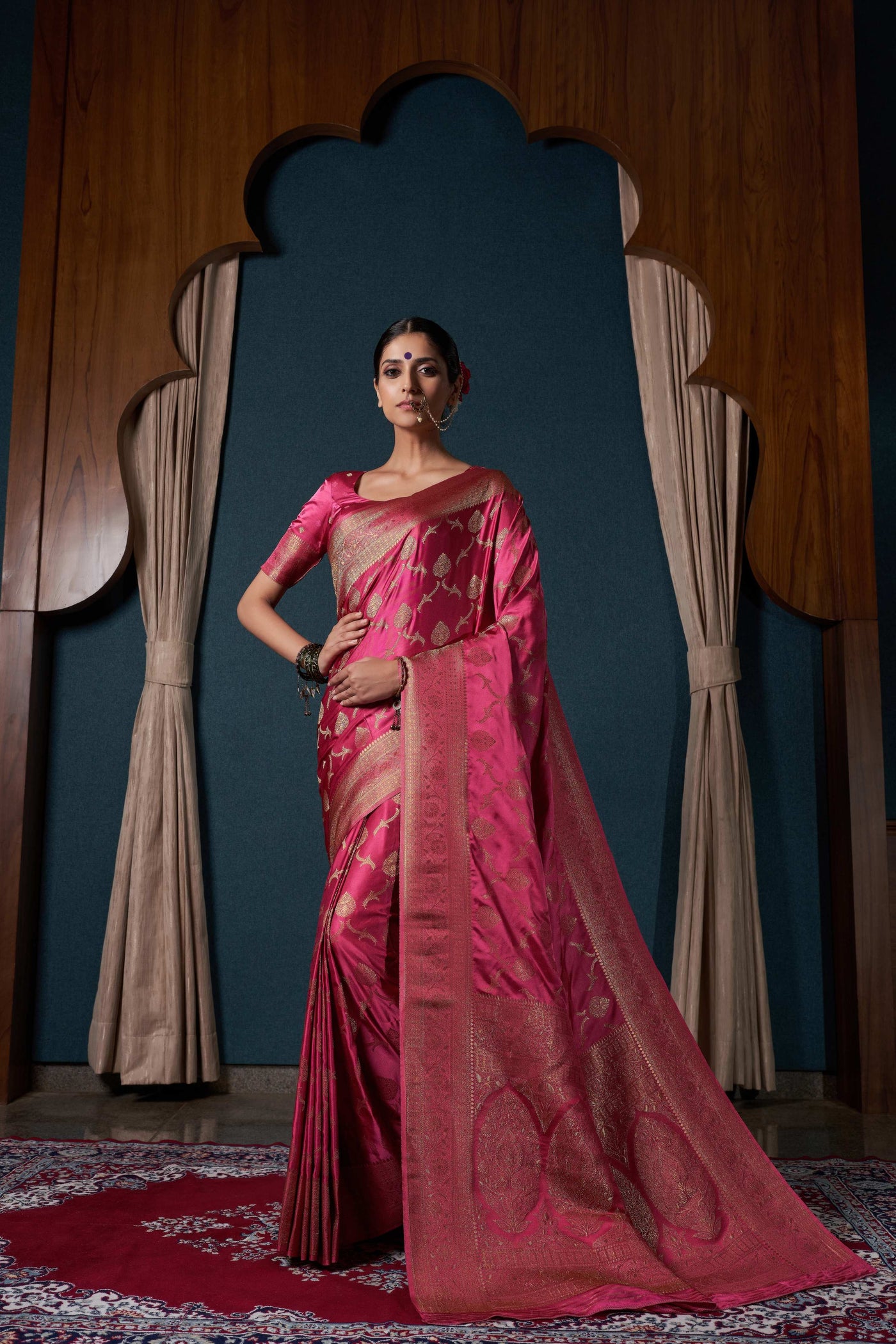 Hot Pink Banarasi Satin Silk