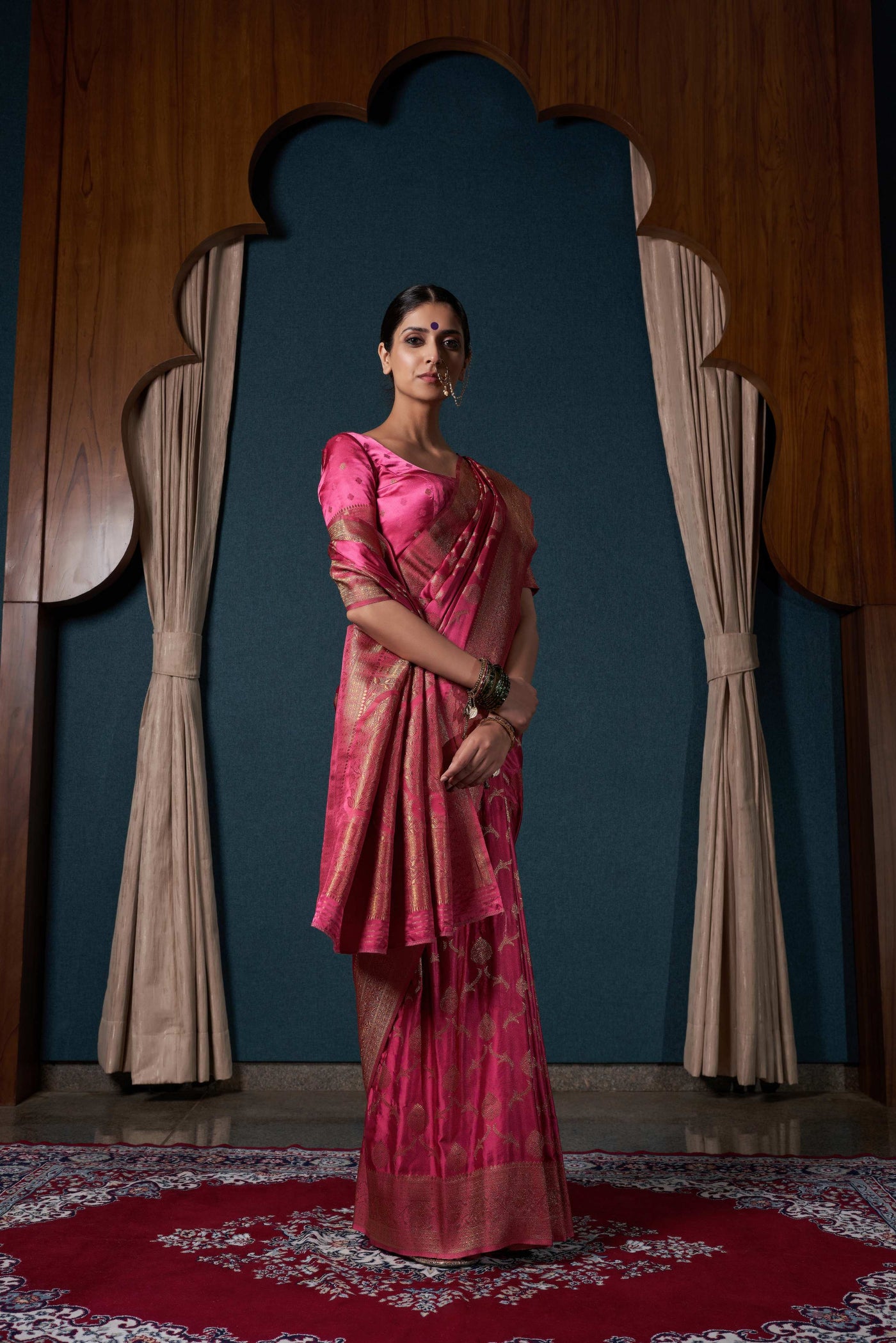 Hot Pink Banarasi Satin Silk