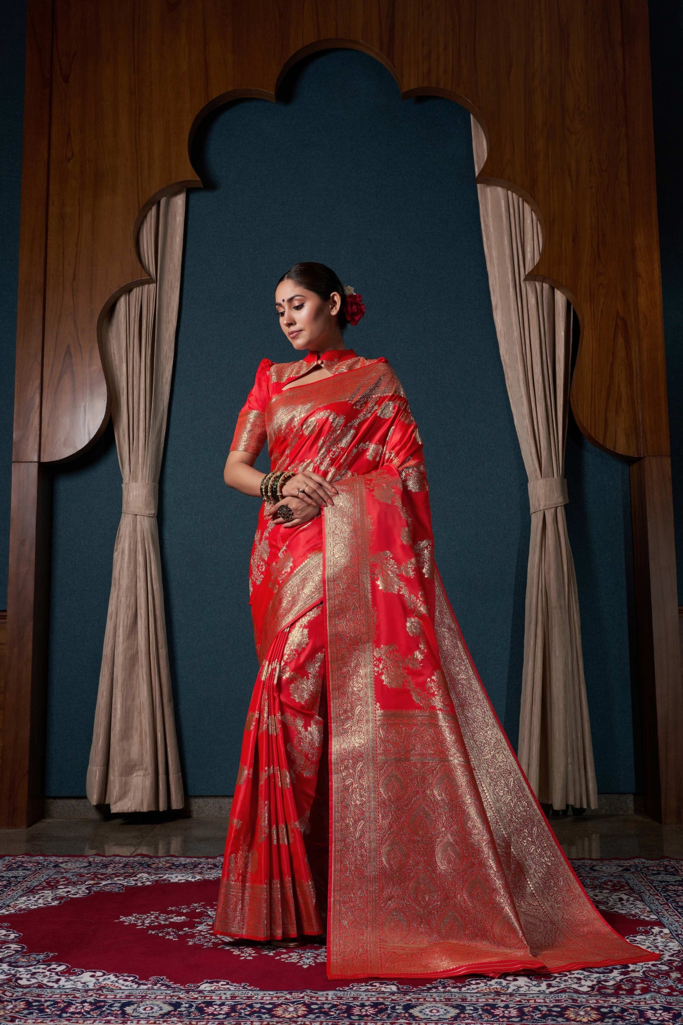 Scarlet Red Banarasi Satin Silk Saree