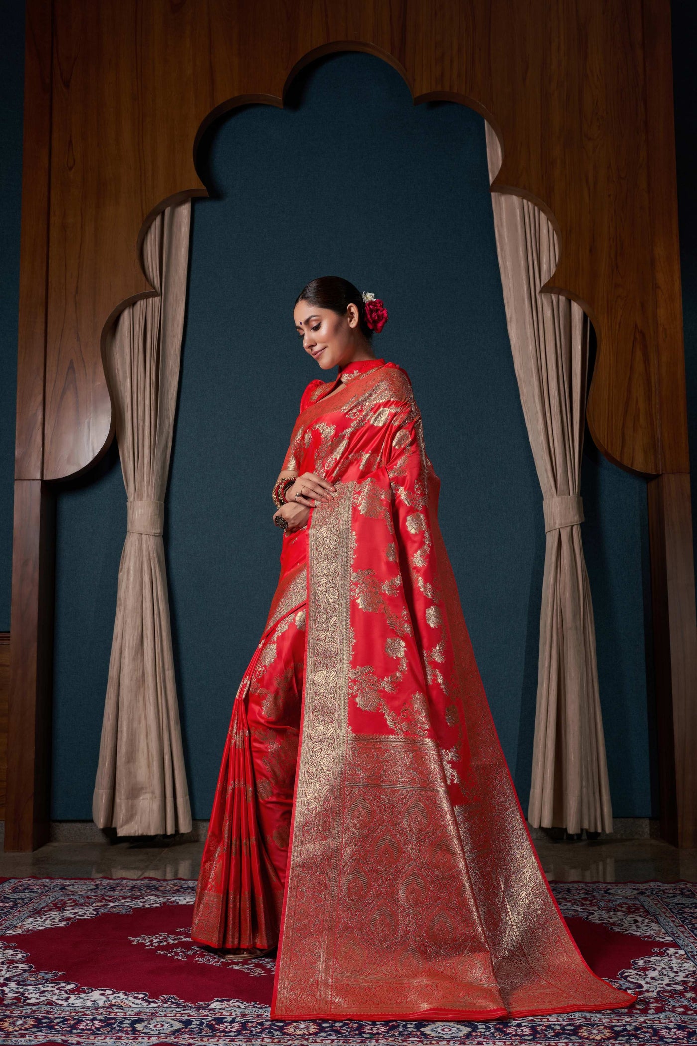 Scarlet Red Banarasi Satin Silk Saree