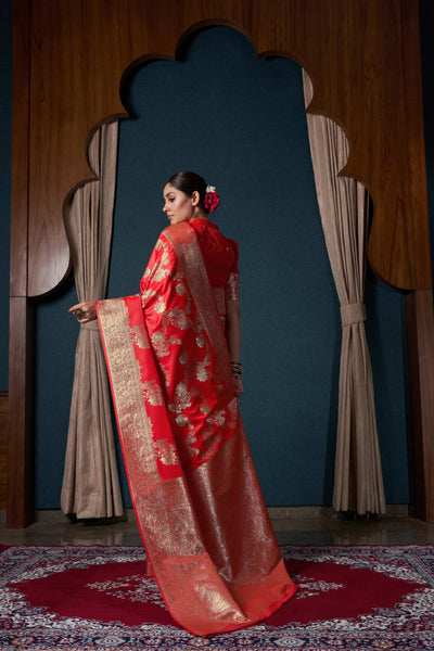 Scarlet Red Banarasi Satin Silk Saree