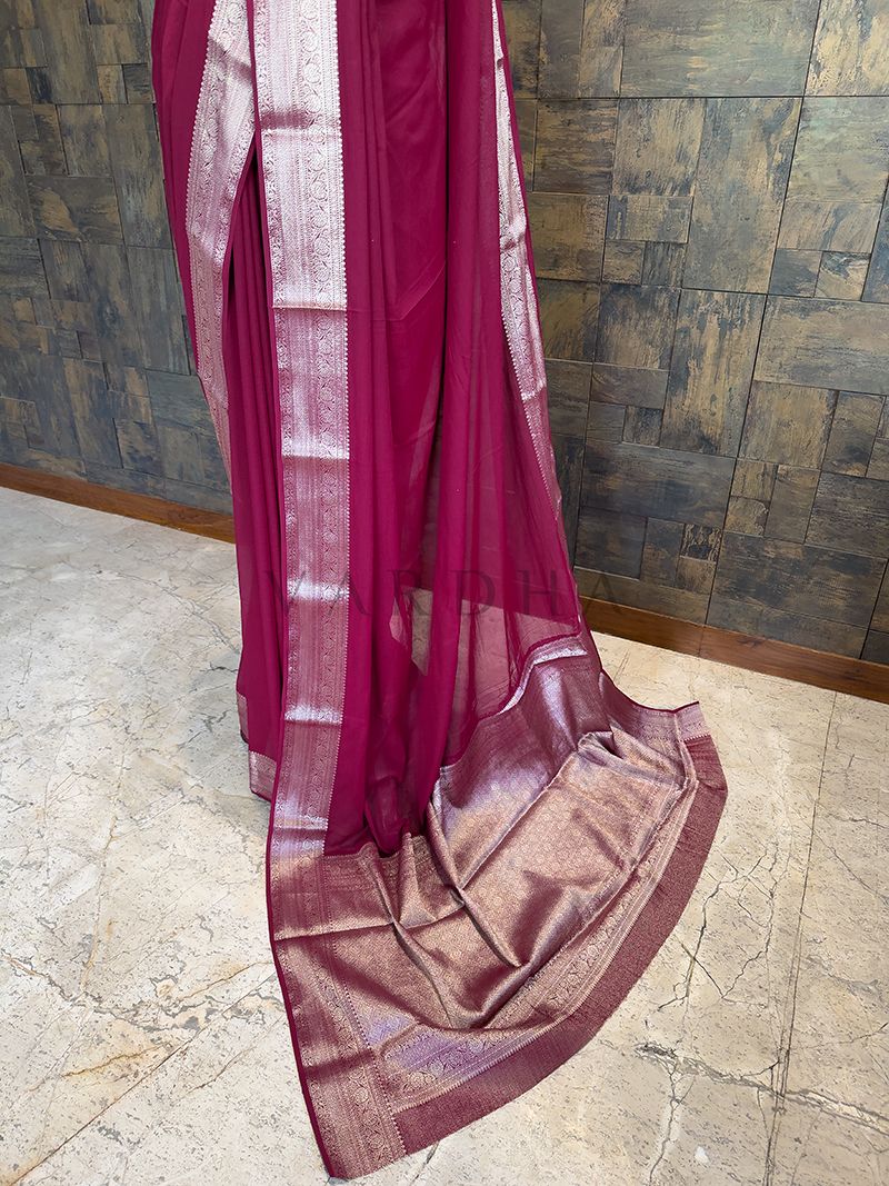 Wine Georgette Feather Soft Saree with Gold Zari Work