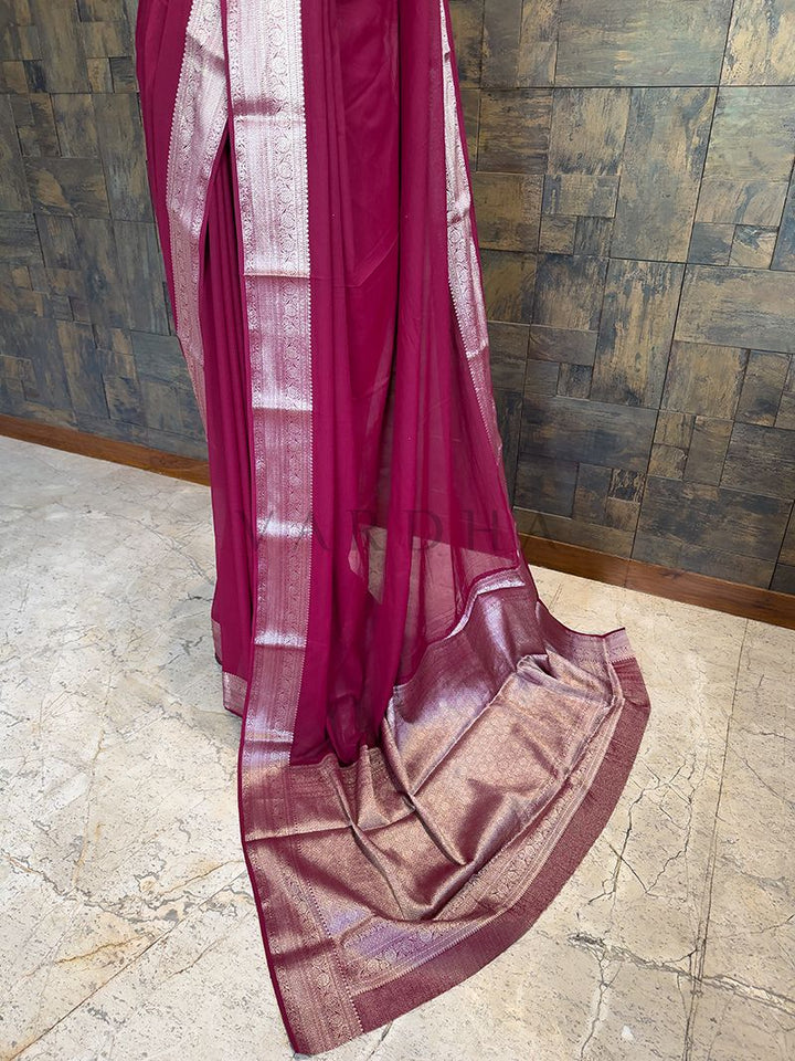 Wine Georgette Feather Soft Saree with Gold Zari Work