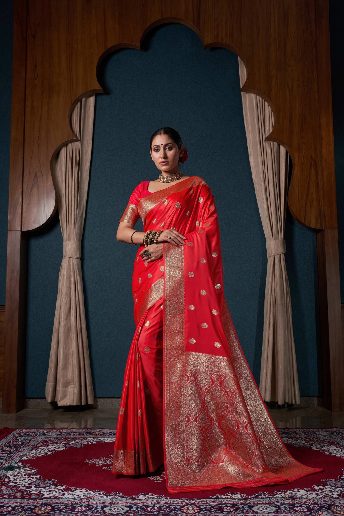 Scarlet Red Banarasi Satin Silk