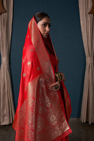 Scarlet Red Banarasi Satin Silk